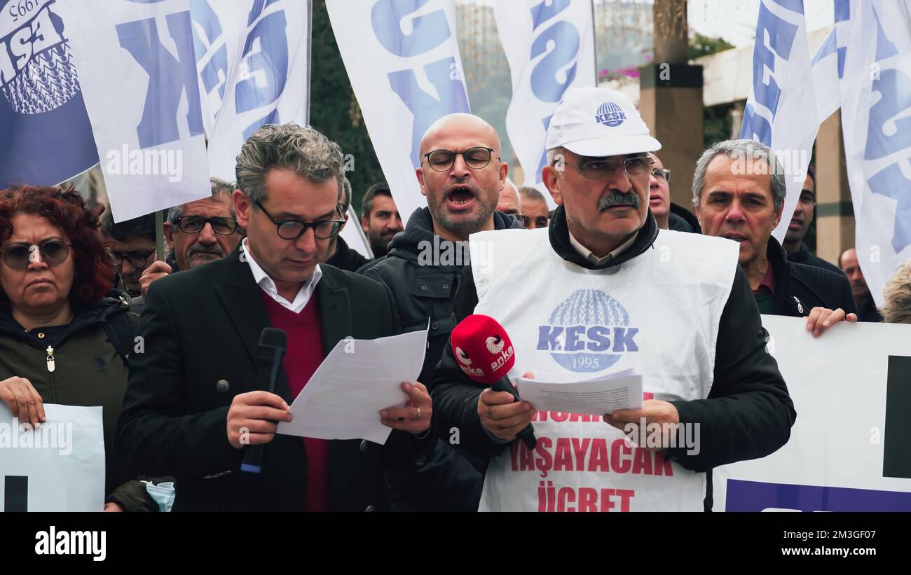 The Izmir Platform Of KESK (Confederation of Public Employees Unions) protested the financial difficulties in Turkey and they shouted out 'Areas cannot be banned to workers! We can't make a living, 'we want a livelihood, not an election budget!'' They also protested the prison sentence and political ban given to Istanbul Mayor Ekrem Imamoglu yesterday. Stock Photo