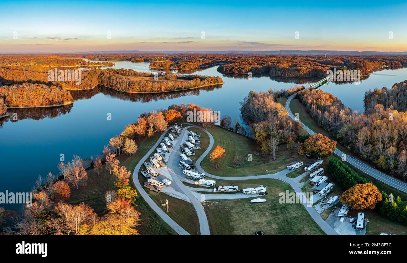 Aerial panorama view of an RV, motor home family camp site in autumn