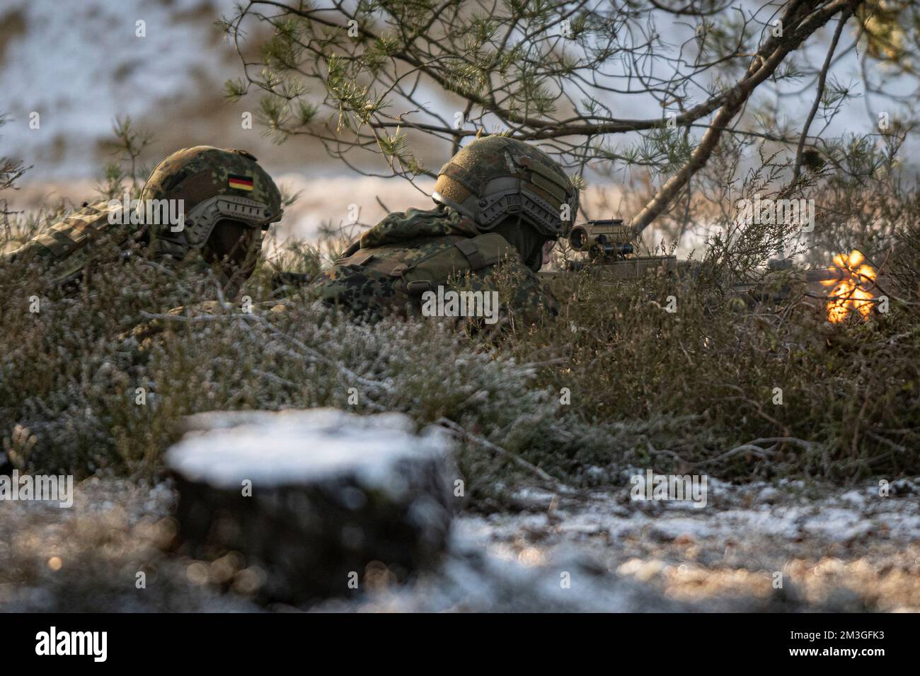 15 December 2022, Brandenburg, Brück: Soldiers from the German Armed Forces take part in a demonstration of the EU-funded iMUGS (integrated Modular Unmanned Ground System) project at the Lehnin military training area. Photo: Fabian Sommer/dpa Stock Photo