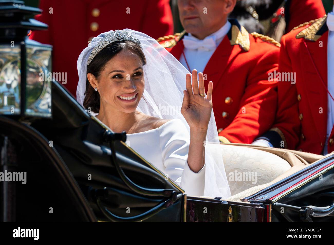 Meghan Markle during the carriage procession after the Royal Wedding at Windsor. On the Long Walk. Duchess of Sussex. Wedding dress Stock Photo