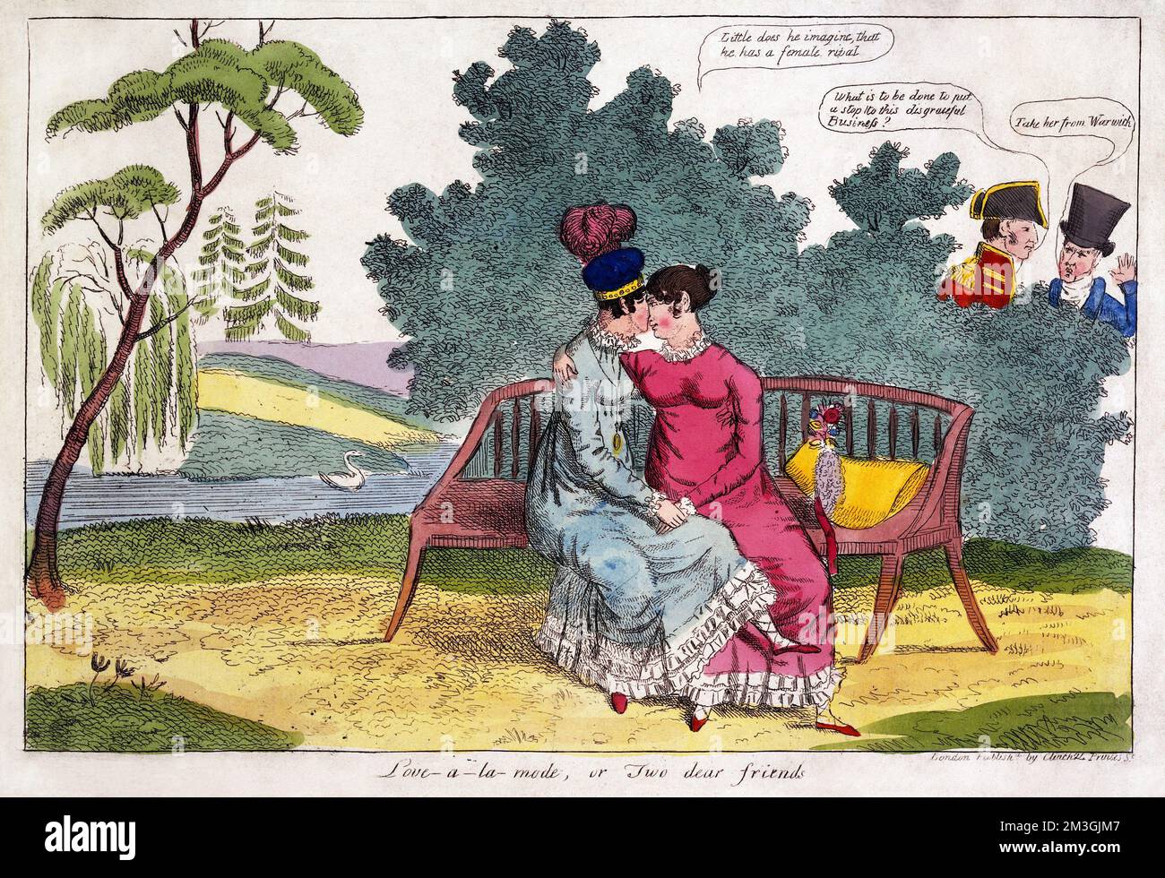 L0029887 Lady Strachan and Lady Warwick making love in a park, while Credit: Wellcome Library, London. Wellcome Images images@wellcome.ac.uk http://wellcomeimages.org Lady Strachan and Lady Warwick making love in a park, while their husbands look on with disapproval. Coloured etching, ca. 1820. Coloured etching 1820 Published: [ca. 1820]  Copyrighted work available under Creative Commons Attribution only licence CC BY 2.0 http://creativecommons.org/licenses/by/2.0/ Stock Photo