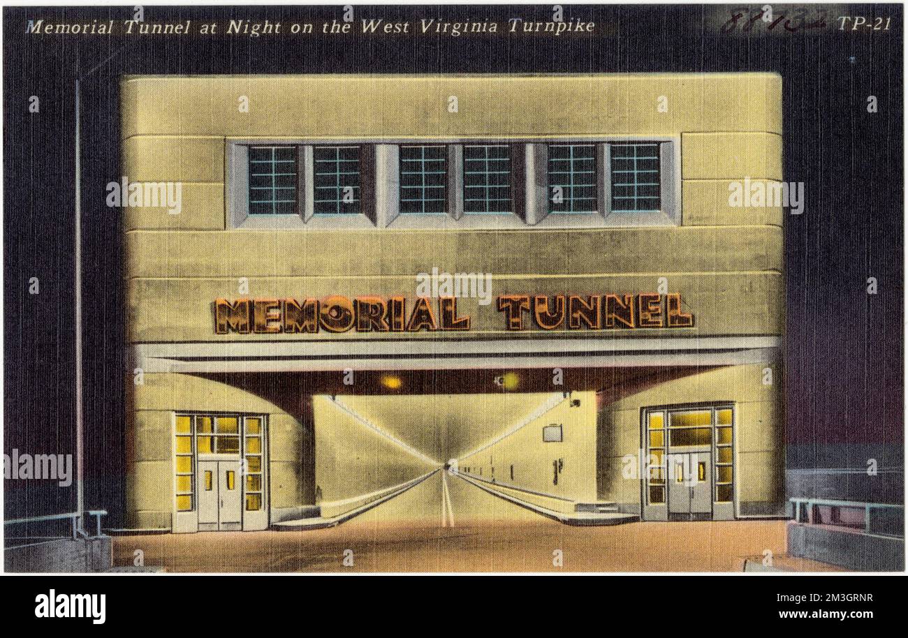 Memorial Tunnel at night on the West Virginia Turnpike , Roads, Tichnor