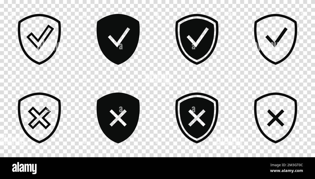 Shield check mark icon set. Protection approve sign. Safe icon. Tick ...