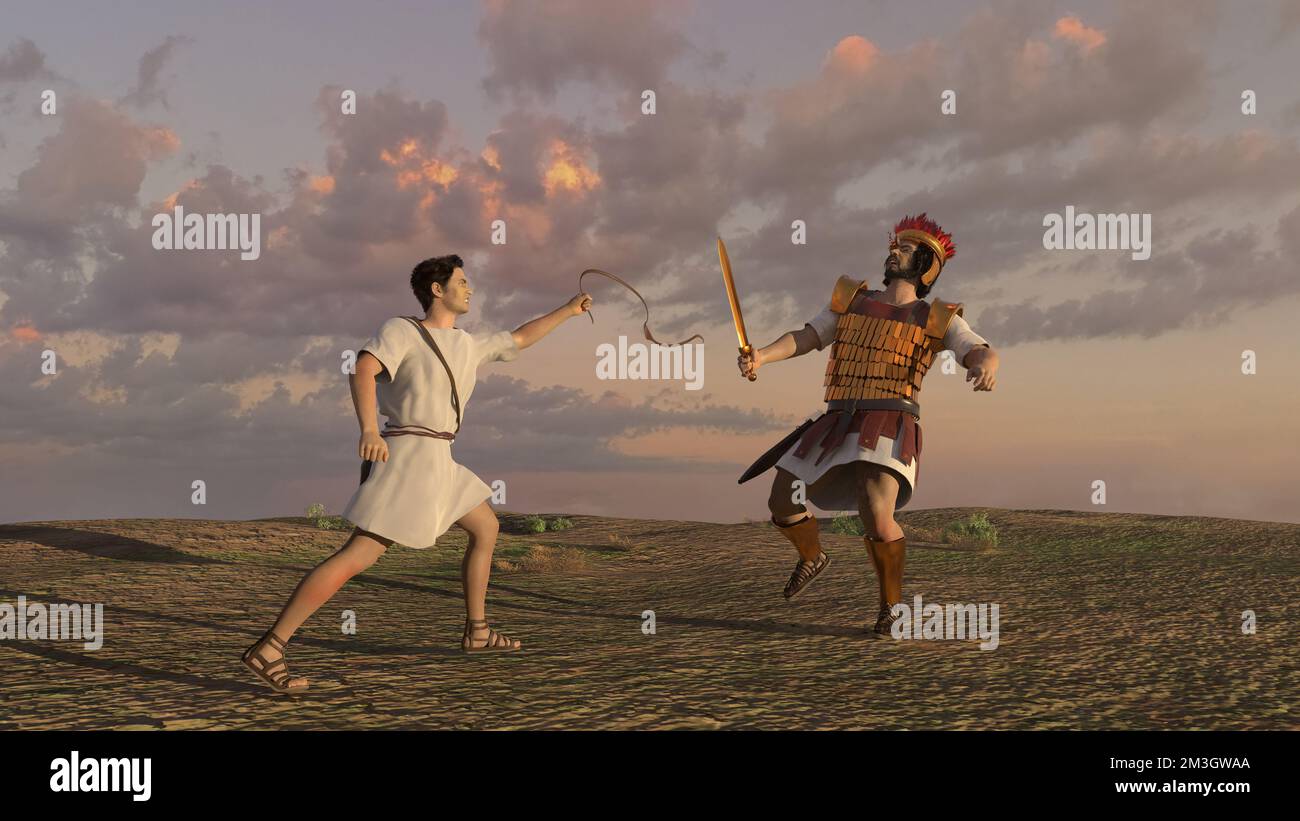 Illustration of the confrontation between David and Goliath Stock Photo