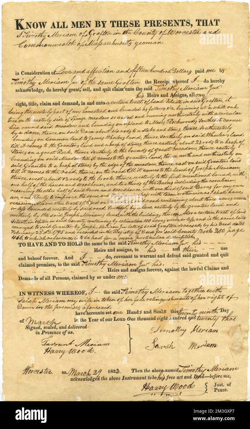 Merriam family deed for land in Grafton ,. Westborough Stock Photo Alamy