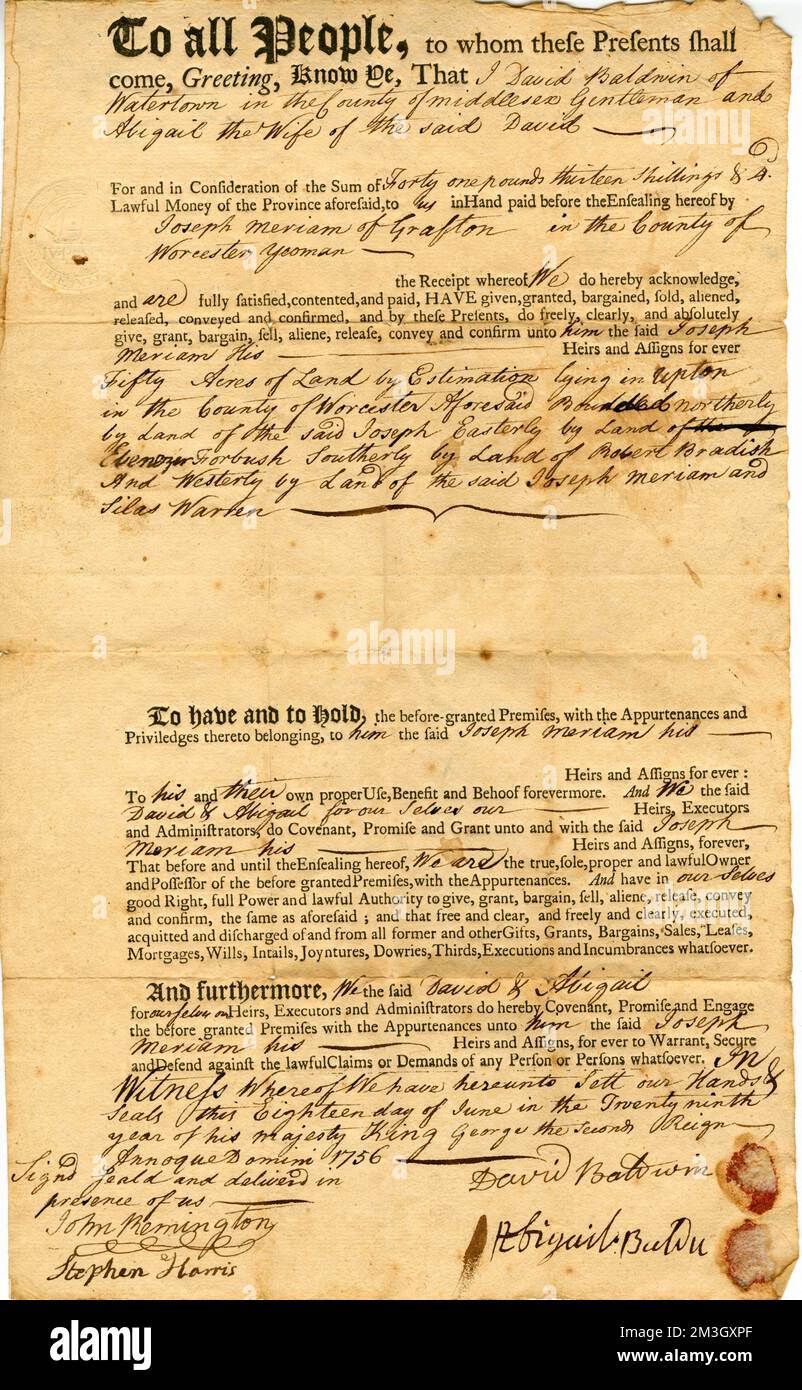 Merriam family deed for land in Grafton ,. Westborough Stock Photo Alamy