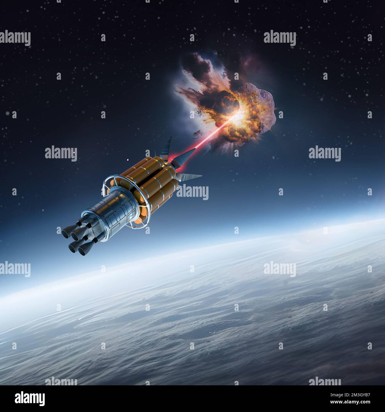 Spaceship shooting at an asteroid Stock Photo