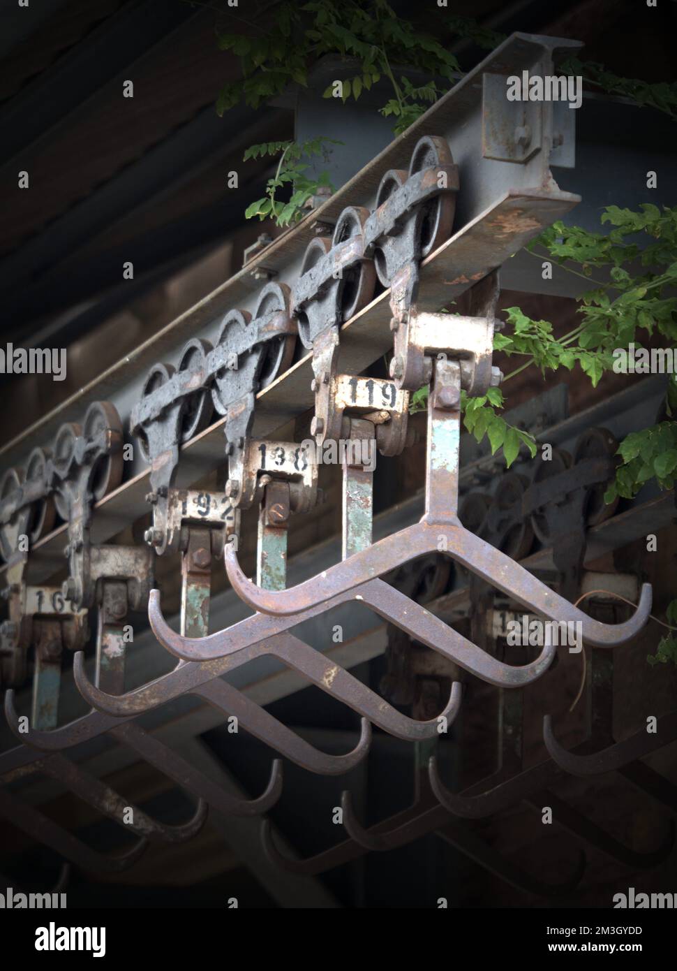 Old rustic butcher hooks with numbers in the old butchery of Karlsruhe