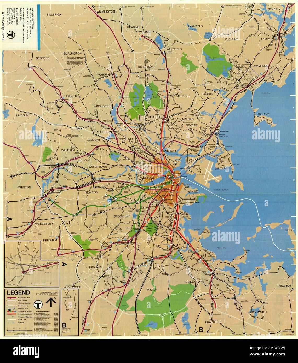 Metropolitan Boston transportation map subway, bus, rail , Local
