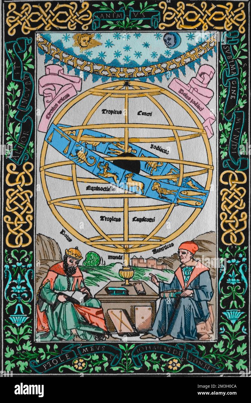 Ptolomy's systems explained by Johann Müller, called Regiomontunus (right). Engraving, 1543. Stock Photo