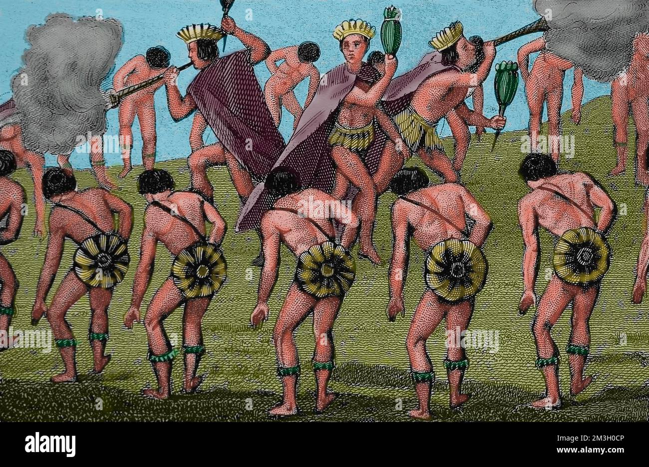 Tunipamba people. Brazil. War dance execution of captives. Cannibalism. Stock Photo
