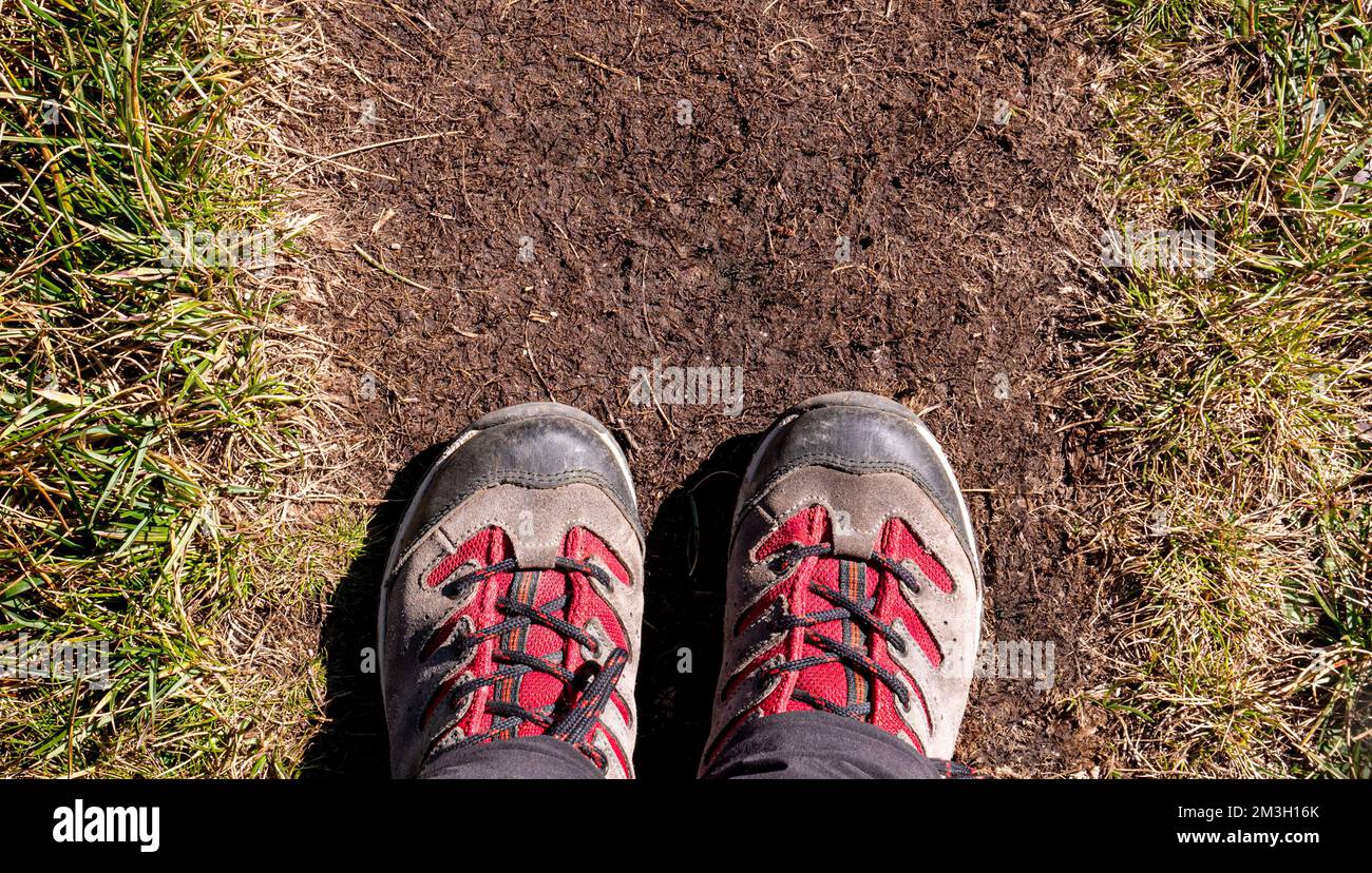hiking boots and trail in mountains Stock Photo