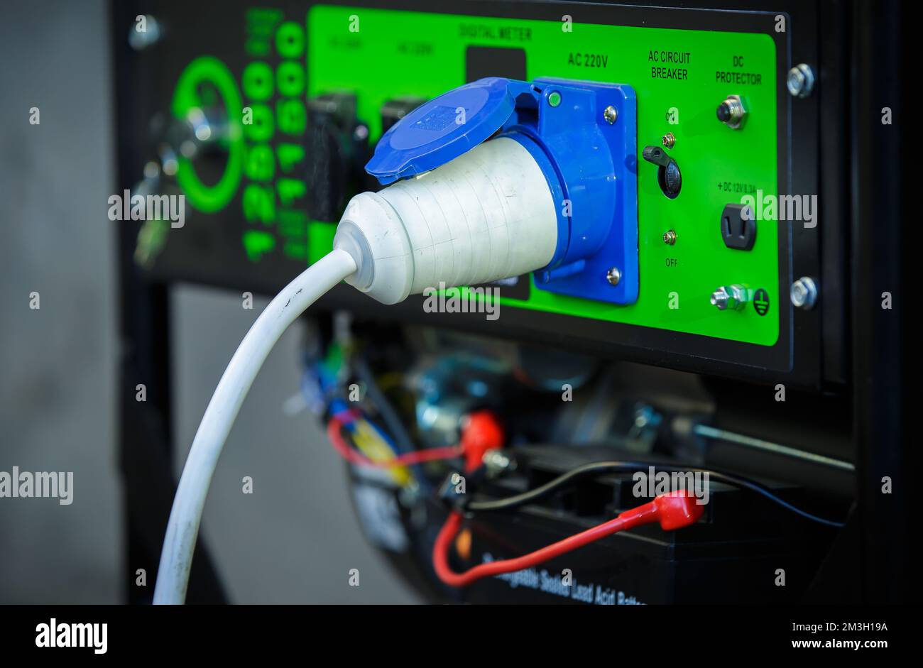 Electric plug with wires on the generator. Special electrical plugs for