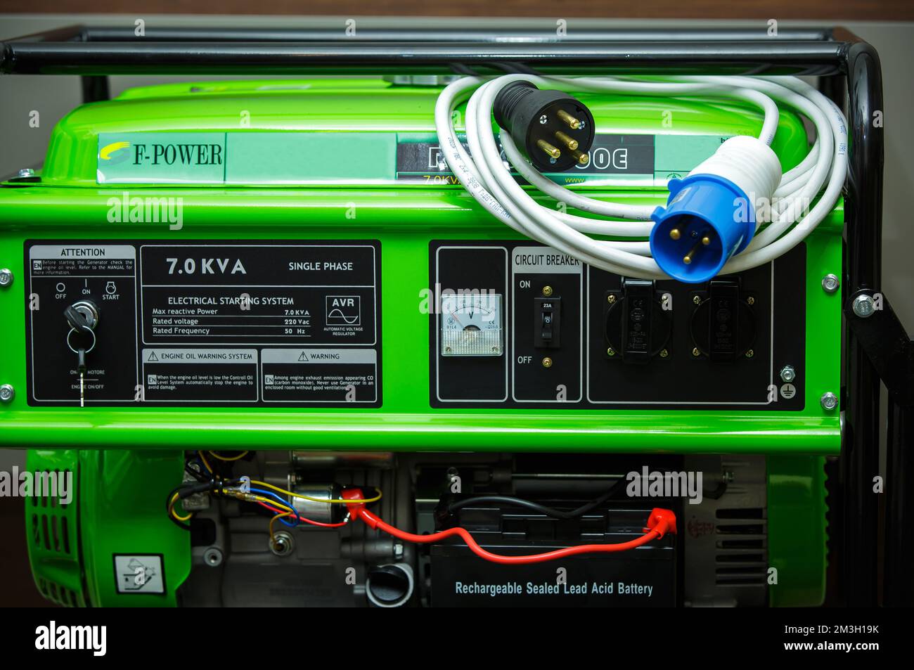 Electric plug with wires on the generator. Special electrical plugs for