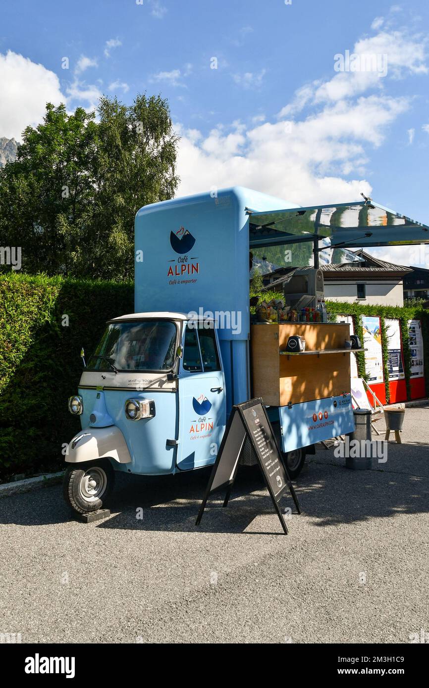 Piaggio Ape transformed in mobile coffee-bar by Café Alpin, Chamonix, Haute Savoie, France Stock Photo
