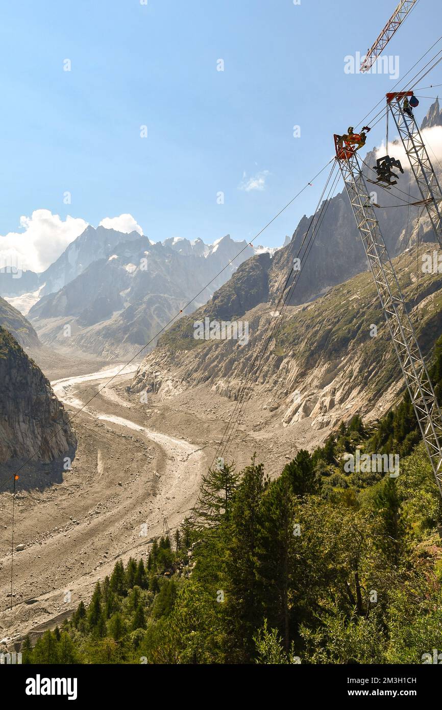 Work in progress for the construction of the new Mer de Glace gondola lift at Montenvers train station, Chamonix Mont Blanc, Haute Savoie, France Stock Photo