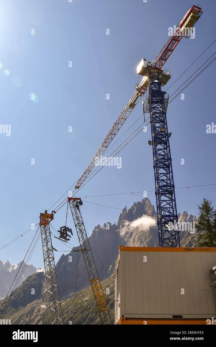Cranes at the Montenvers train station for the construction of the new Mer de Glace (Sea of Ice glacier) gondola lift, Chamonix Mont Blanc, France Stock Photo