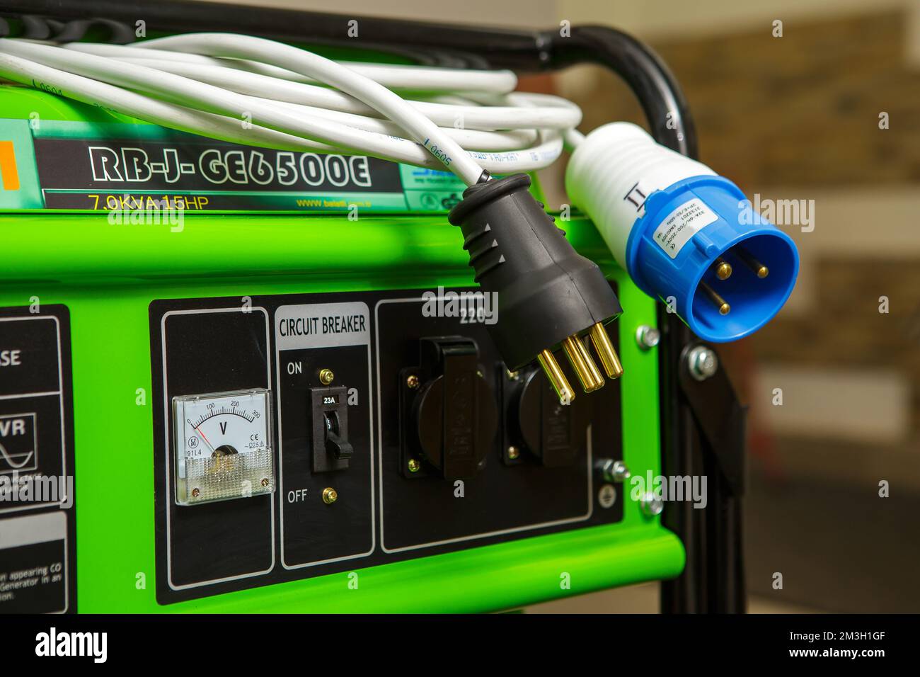 Electric plug with wires on the generator. Special electrical plugs for