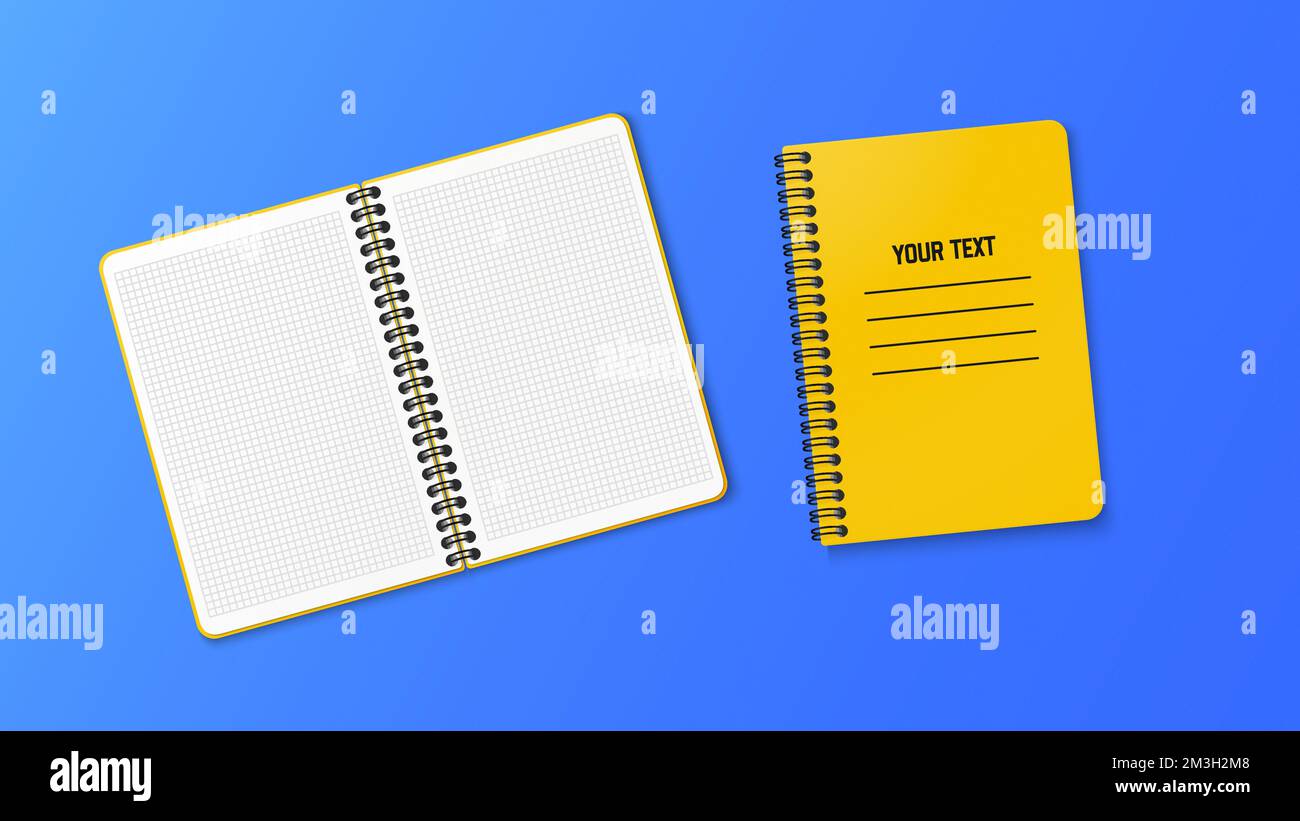 A notebook with a vertical spring. Notepad in a cage grid with a white sheet. Vector illustration on blue background Stock Vector