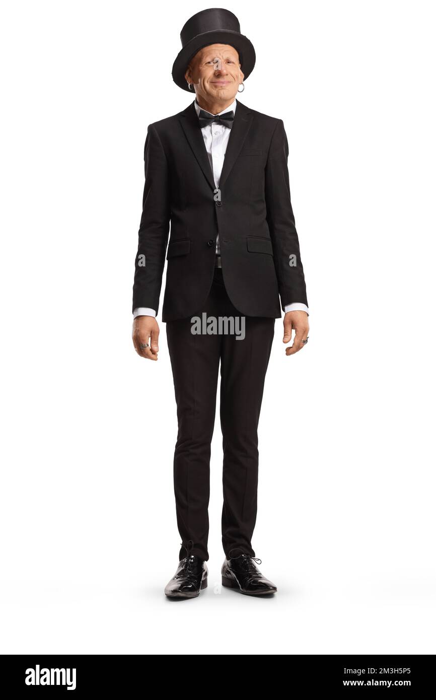 Full length portrait of a gentleman with a bow tie and top hat isolated ...