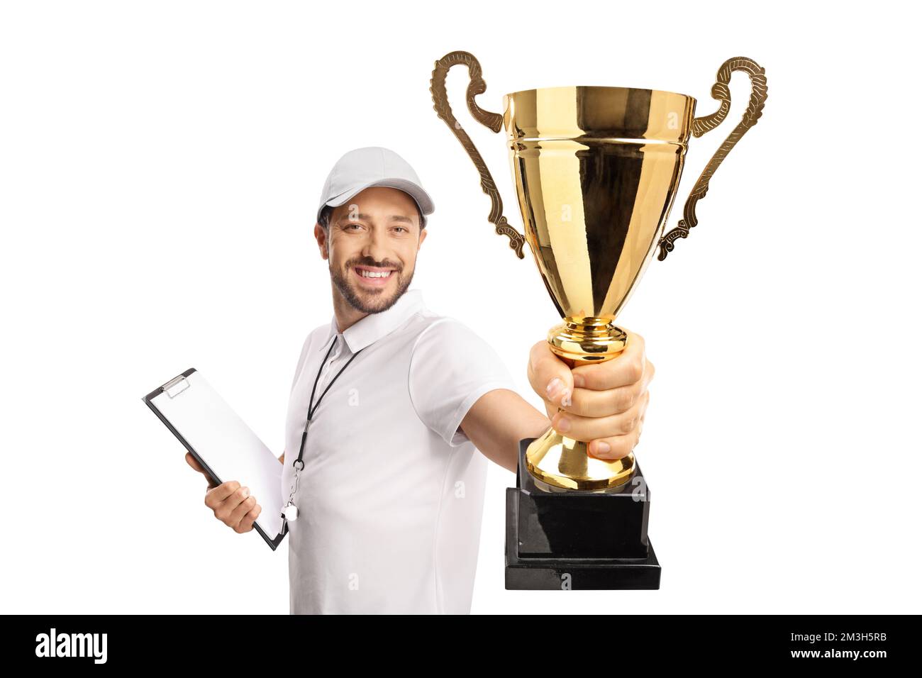 Sports coach winning a gold trophy cup isolated on white background
