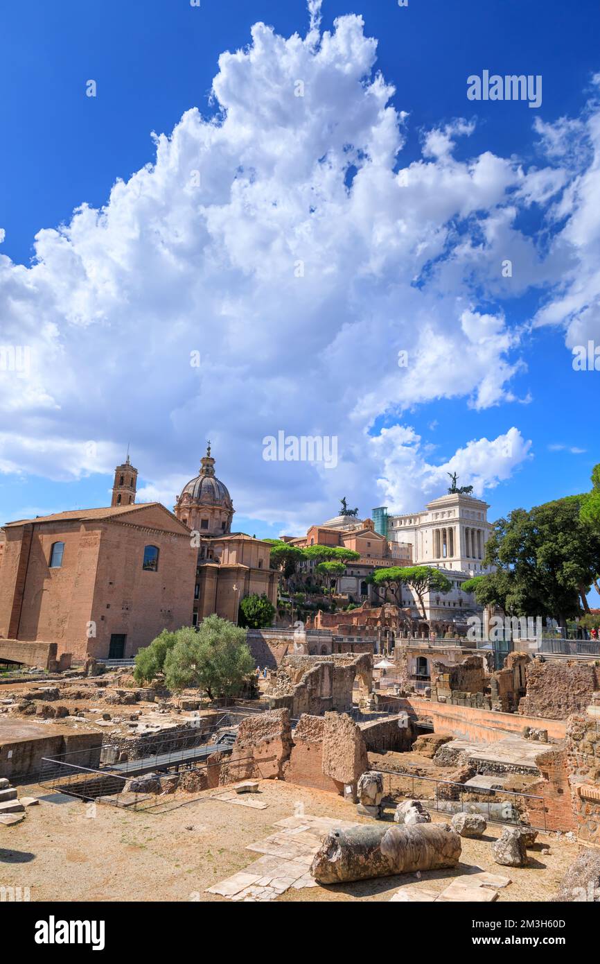 Urban view of Rome, Italy:  the Roman Forum and in the background the Altar of the Fatherland. Stock Photo