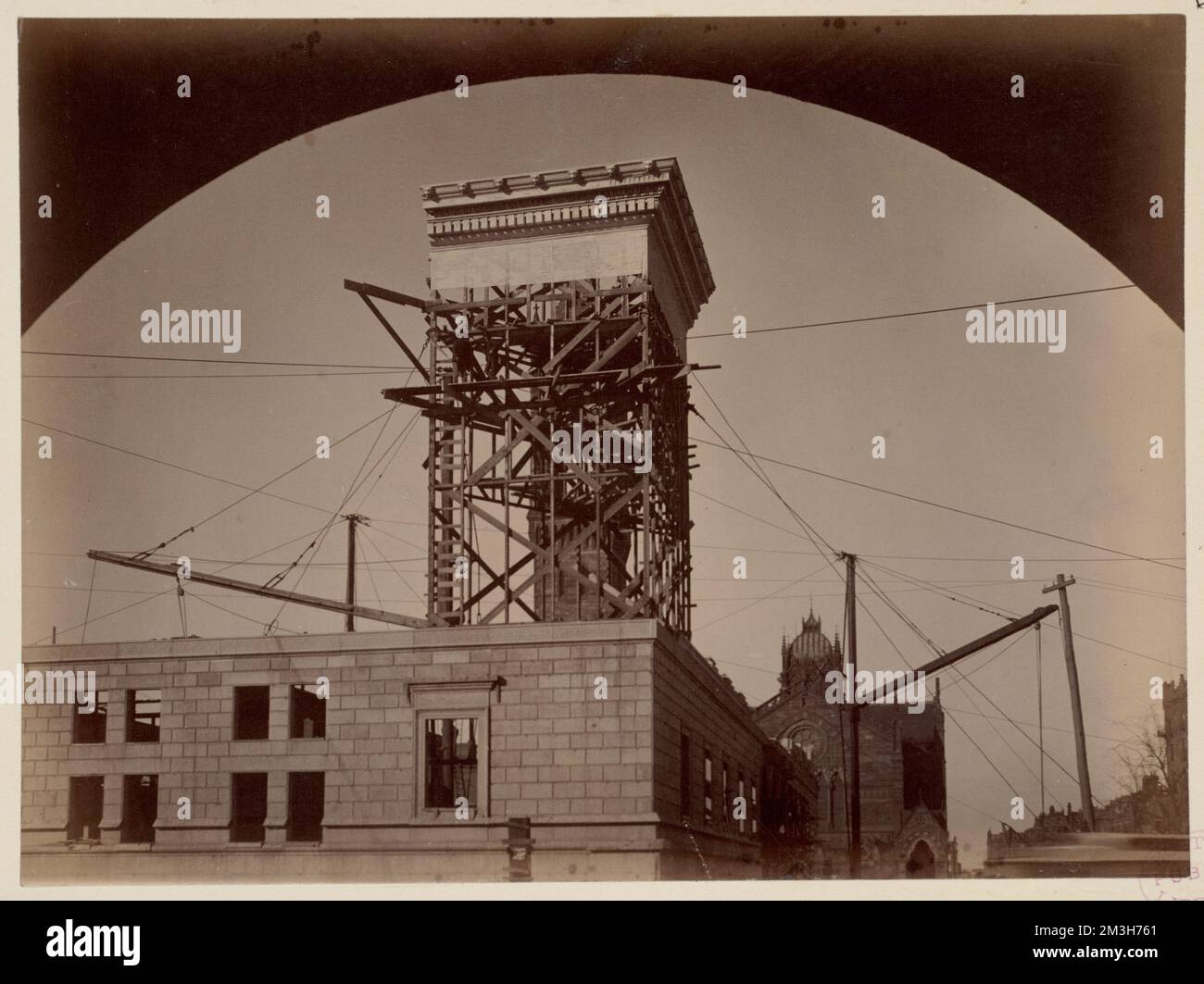Mock-up of cornice on scaffolding, construction of the McKim Building ...