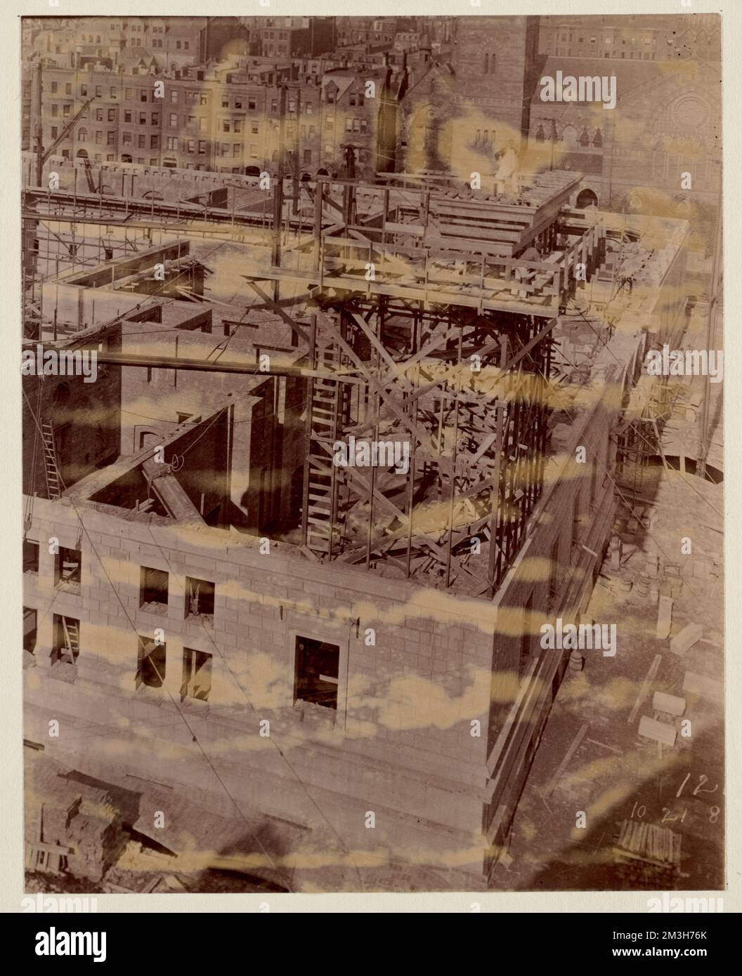Mock-up of cornice on scaffolding, construction of the McKim Building ...