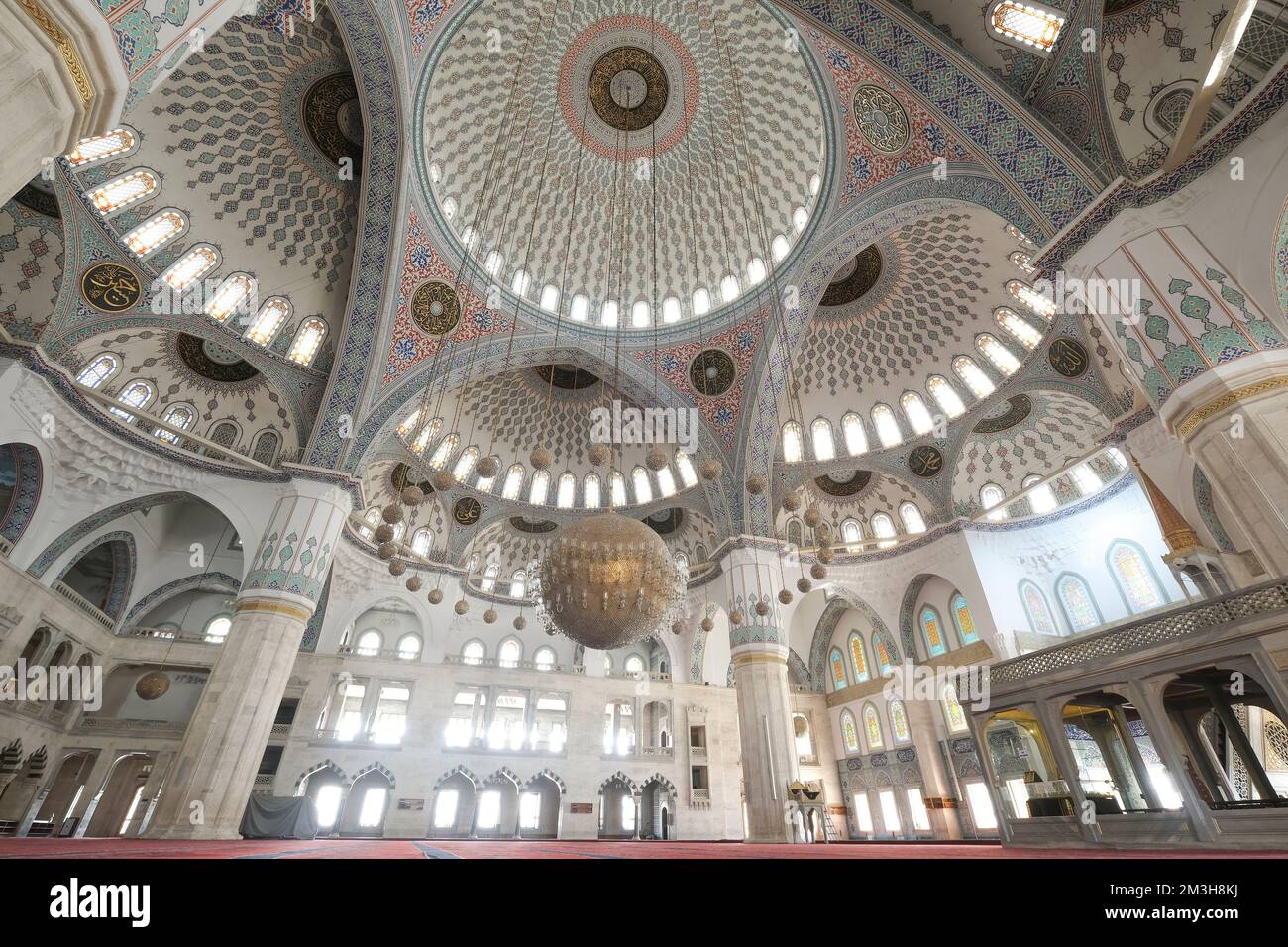 The interior of Kocatepe Mosque the largest mosque in Ankara, Turkey. Stock Photo