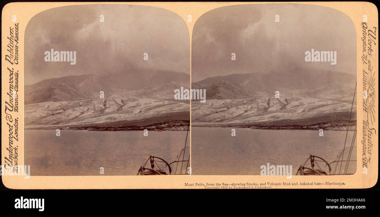 Mont Pelée, from the sea showing smoke, and volcanic mud and ashes at