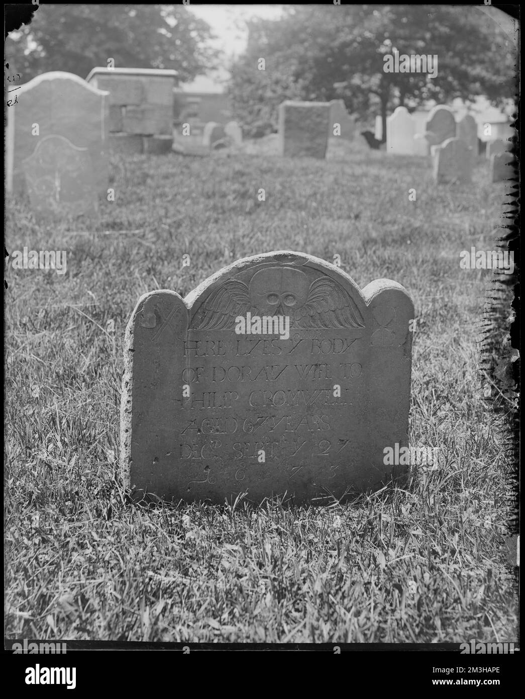 Monuments, Doraty, wife of Philip Cromwell, September 27, 1673, Salem, Charter Street Cemetery , Cemeteries, Graves. Frank Cousins Glass Plate Negatives Collection Stock Photo