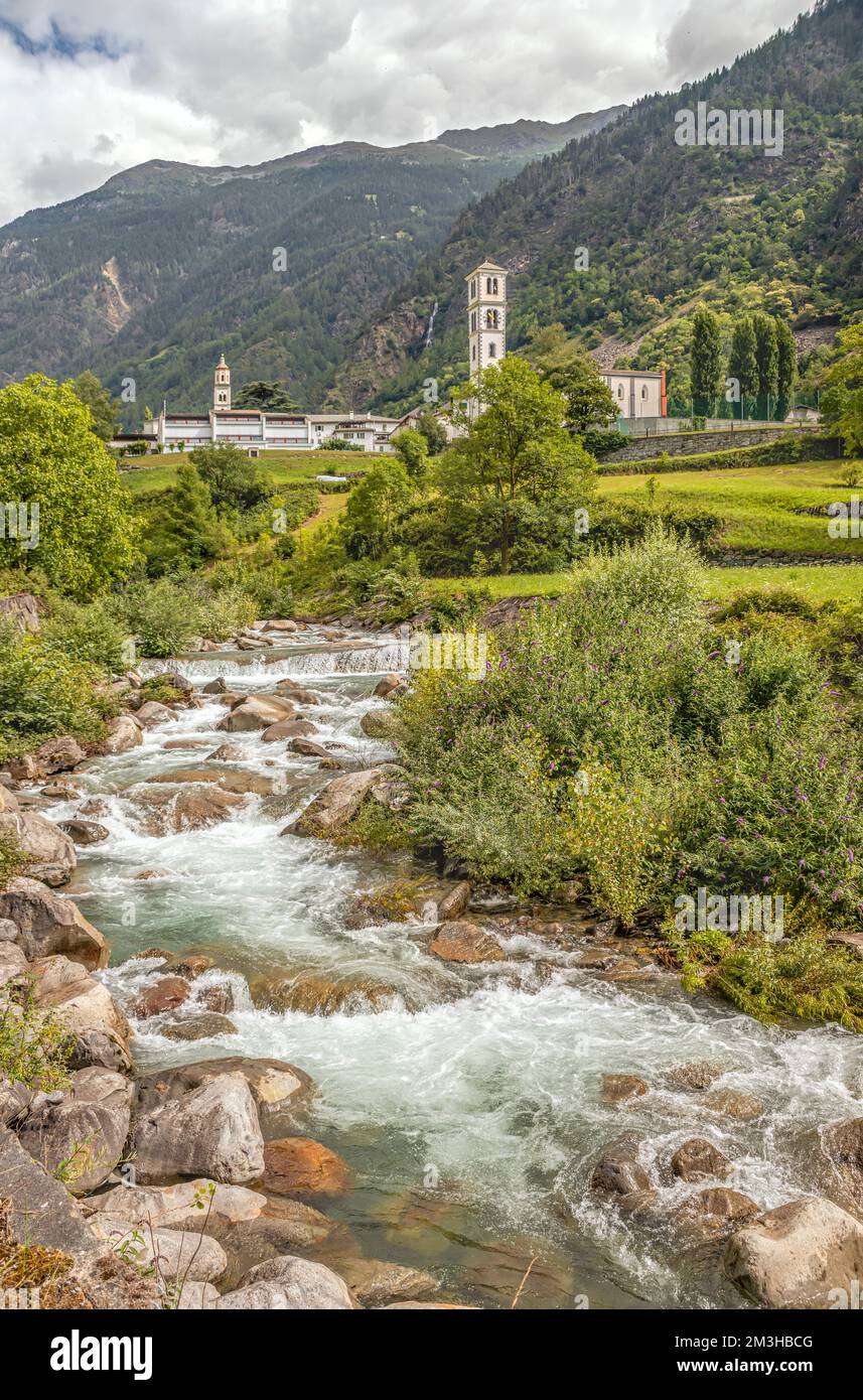 Poschiavino River at the Valposchaivo Valley at Brusio, Switzerland Stock Photo