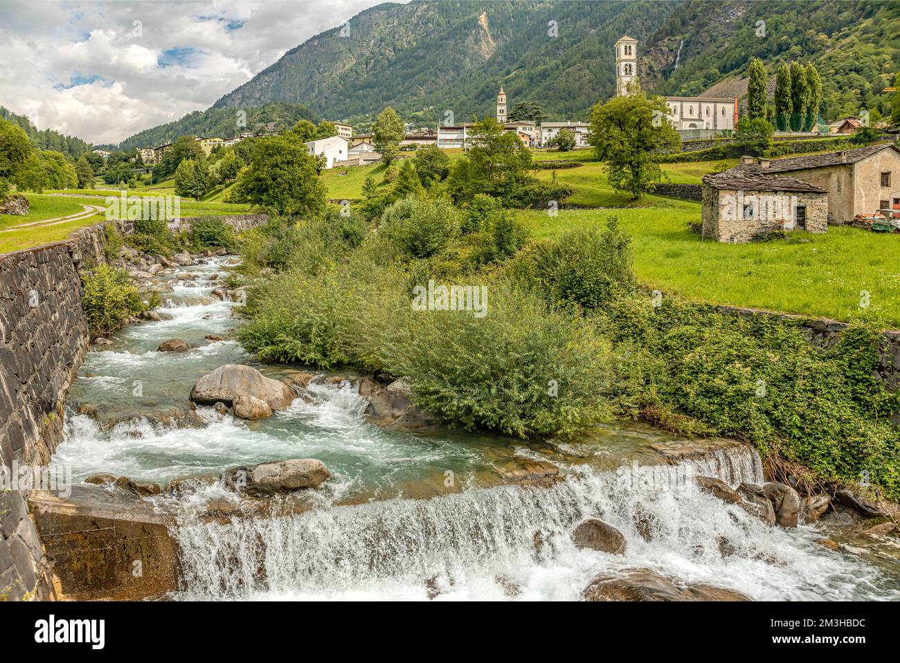Poschiavino River at the Valposchaivo Valley at Brusio, Switzerland Stock Photo