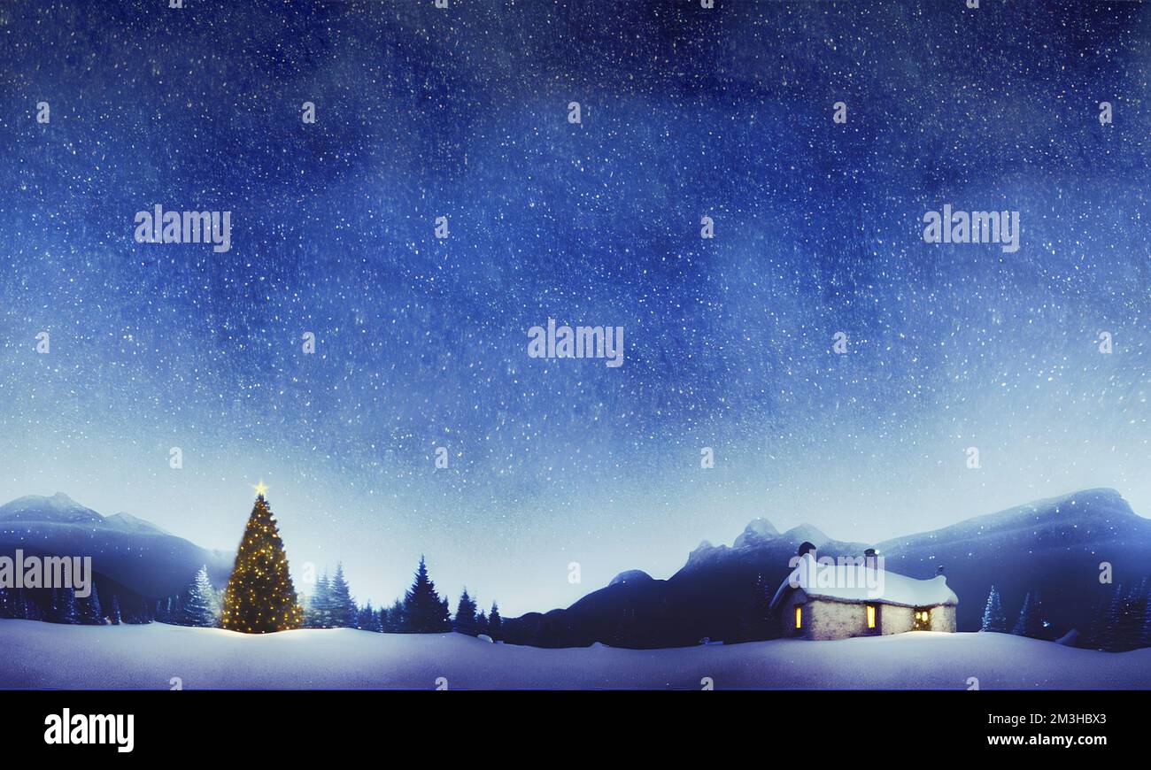 Christmas landscape - cottage, trees, snow and starry sky - digital illustration Stock Photo