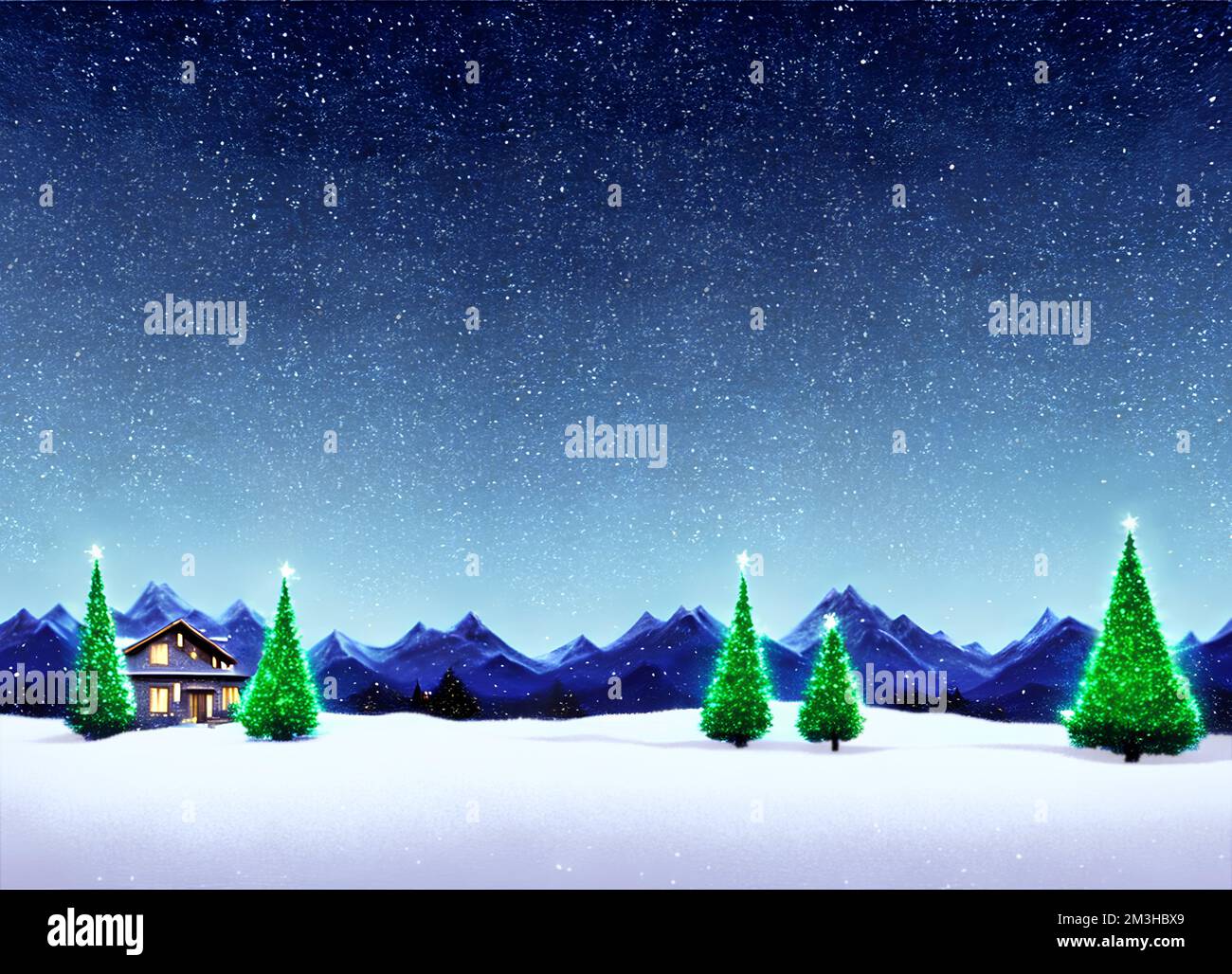 Christmas landscape - cottage, trees, snow and starry sky - digital illustration Stock Photo