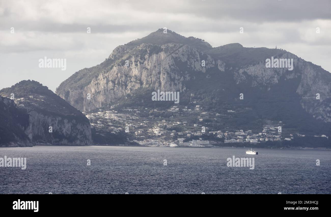 Touristic town in Capri Island with rocky mountains. Italy Stock Photo