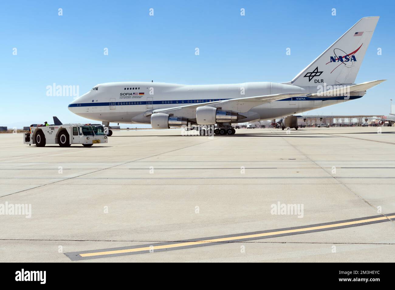 NASA Boeing 747-SP, with registration N747NA, Stratospheric Observatory for Infrared Astronomy, SOFIA, shown with engines on before departure. Stock Photo