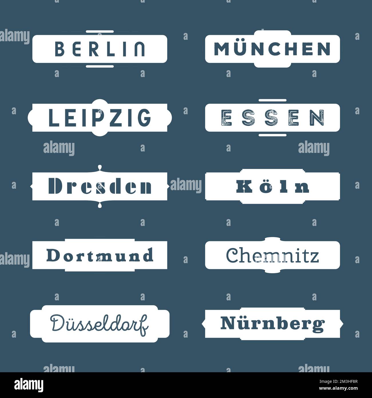German city name stylized word badges. Text signs with city names of