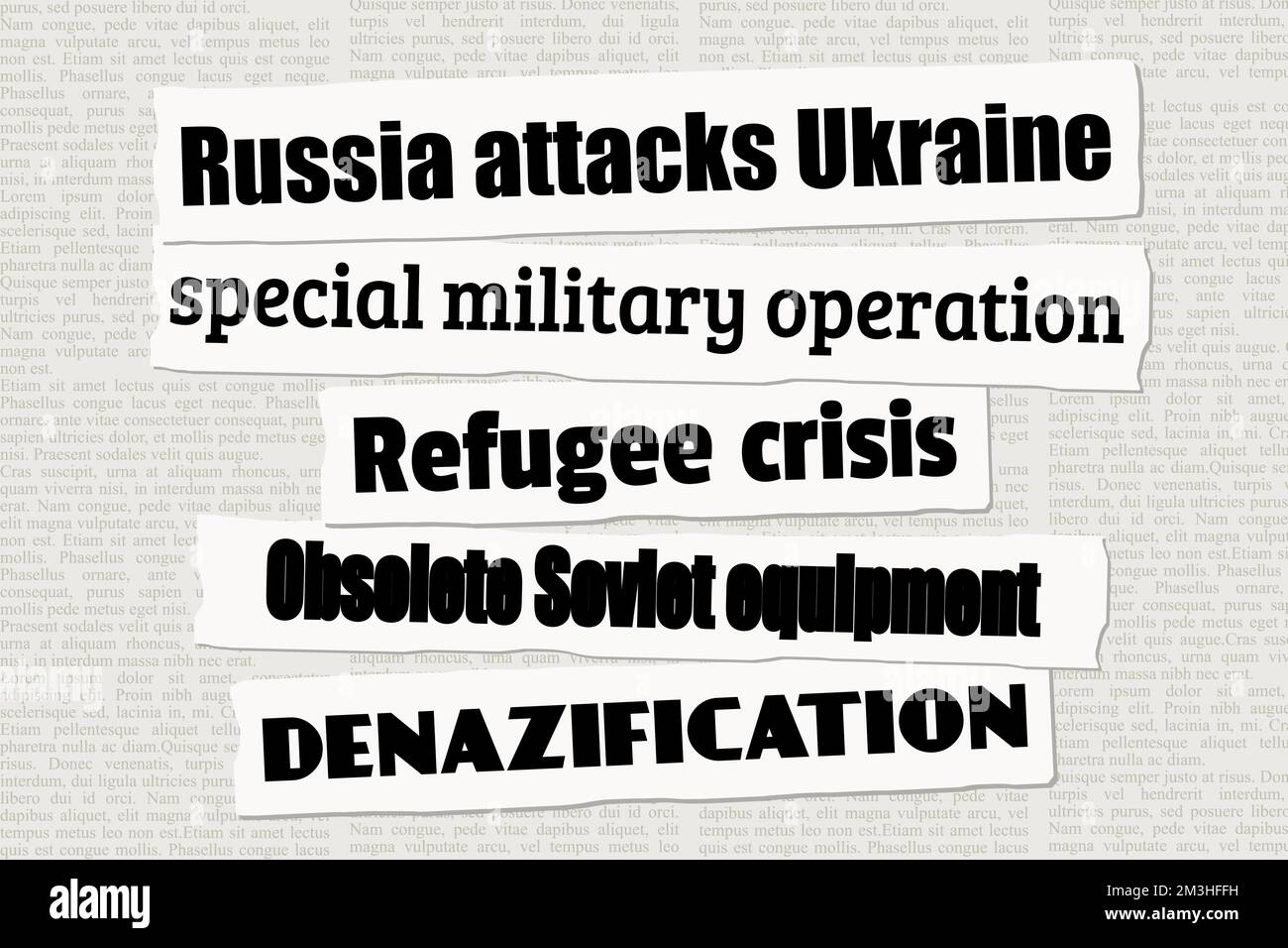 Russia Ukraine invasion news headlines. Newspaper clippings about Russia Ukraine war and refugee crisis. Stock Vector
