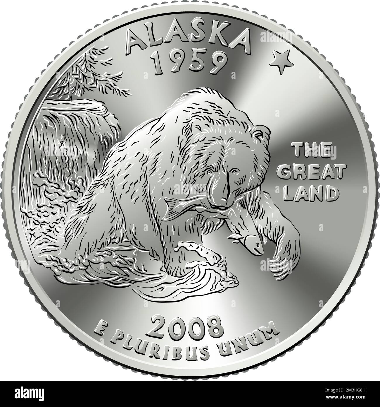 American money, United States Washington quarter dollar or 25-cent silver coin, grizzly bear on reverse Stock Vector