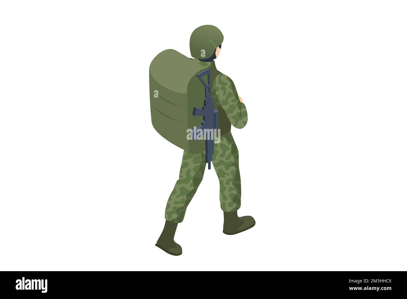 Isometric Military backpack war, hiking, army, camouflage equipment. Army Soldier in Protective Combat Uniform holding Assault Rifle with Military Stock Vector