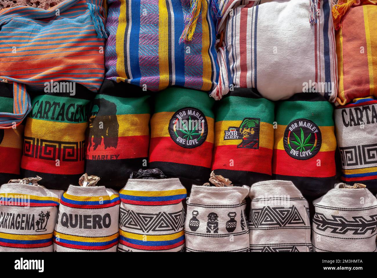 Colorful handicraft bags on a street market at Cartagena de Indias, Colombia Stock Photo