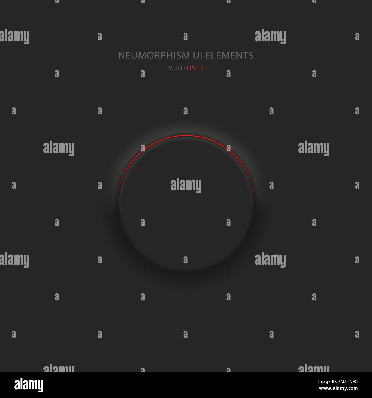 Round black button in Neumorphic style with red backlight. User interface design elements. Stock Vector