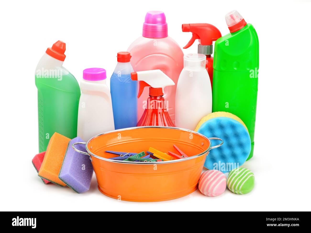 Set of household chemicals, sponges and trough isolated on white background. Stock Photo