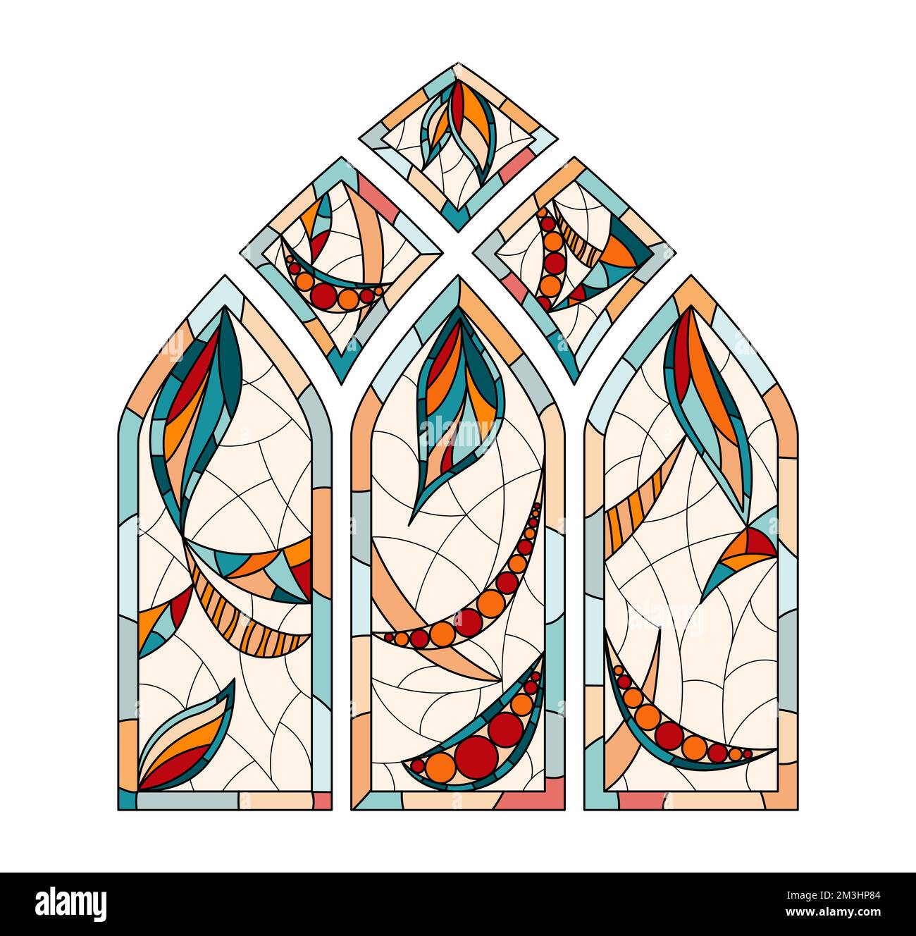Stained glass windows in a Church. Composition of large frames Stock