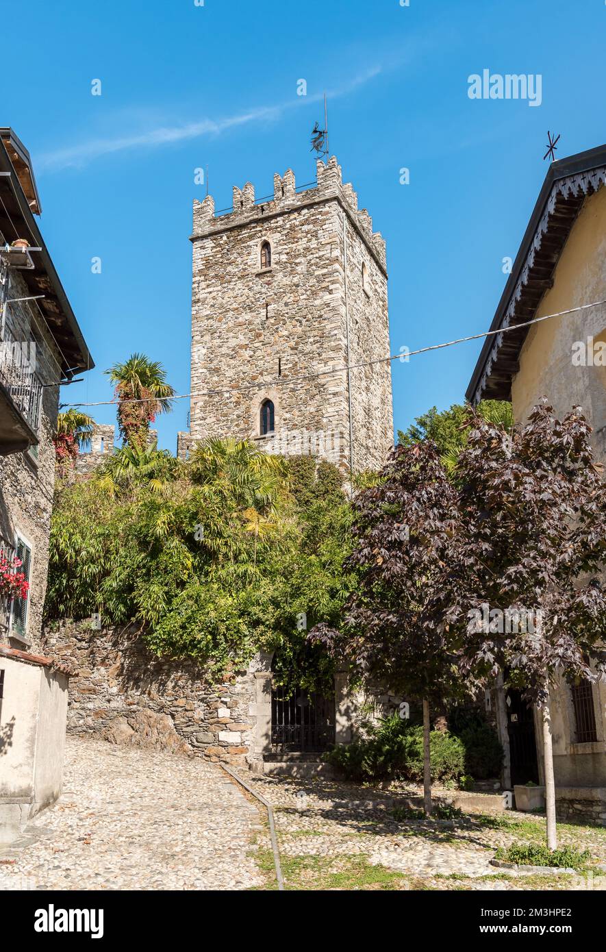 Rezzonico medieval castle is located in Rezzonico, a hamlet of San Siro village on Lake Como, Lombardy, Italy Stock Photo