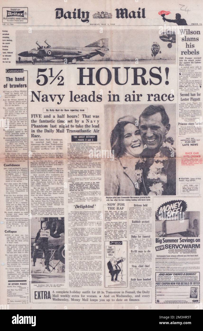 Front page of the Daily Mail (5th May 1969) when the Royal Navy reduced the Transatlantic Air Race record to 5.5 hours. Stock Photo