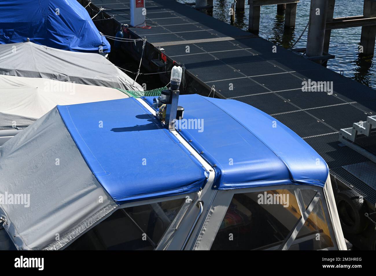 View on blue top boat roof cover or weatherproof fabric of small ...