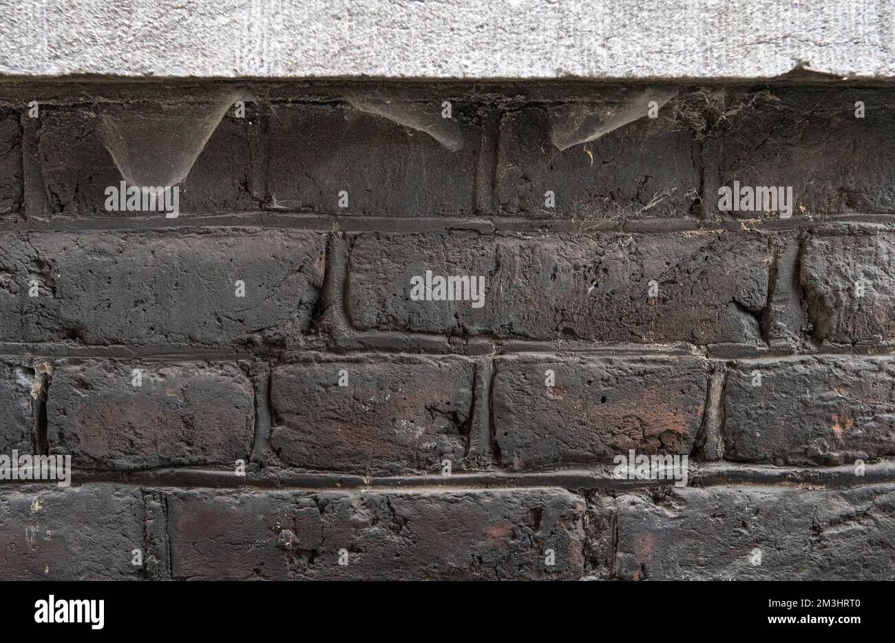 spider web on the old window. under a concrete window sill against a brick wall background Stock