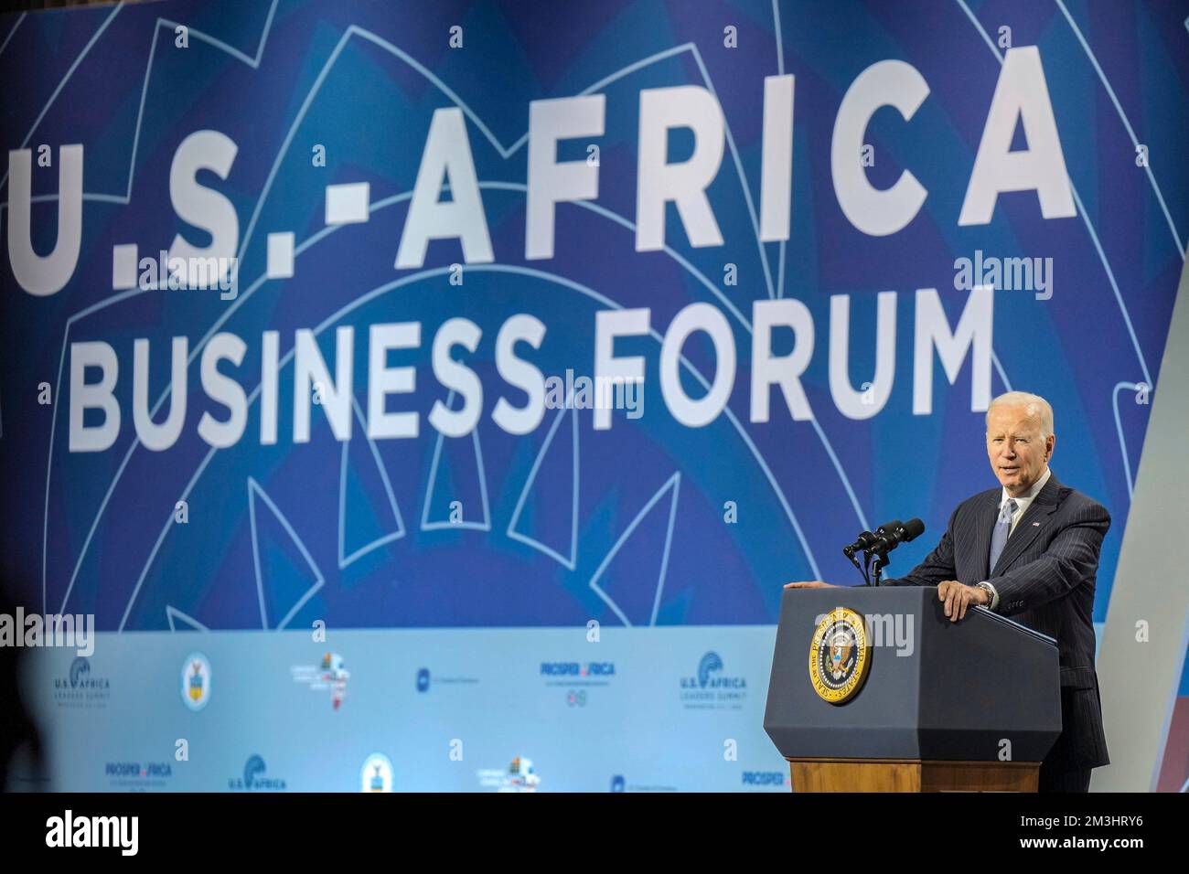 Washington, United States. 14th Dec, 2022. U.S. President Joe Biden, speaks to African leaders during the U.S.-Africa Business Forum gathered for the Leaders Summit, at the DC Convention Center, December 14, 2022 in Washington, DC Credit: Adam Schultz/White House Photo/Alamy Live News Stock Photo